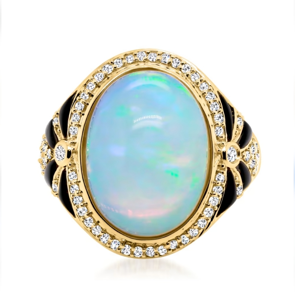 Ethiopian Opal and .32 ct t.w. Diamond Halo and Onyx 14K Gold Ring